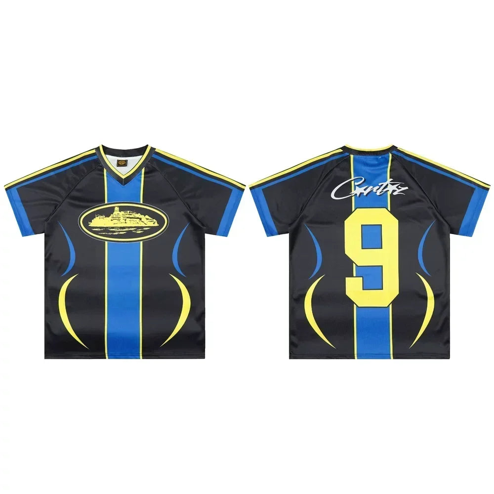 Corteiz Soccer Jersey T-Shirt - Black/Blue/Yellow